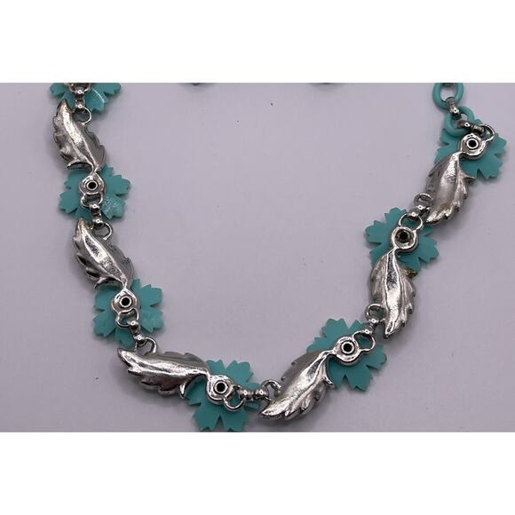 VTG Coro Daisy‎ Celluloid Aqua Blue AB Rhinestone Necklace 1950’s - Picture 5 of 5
